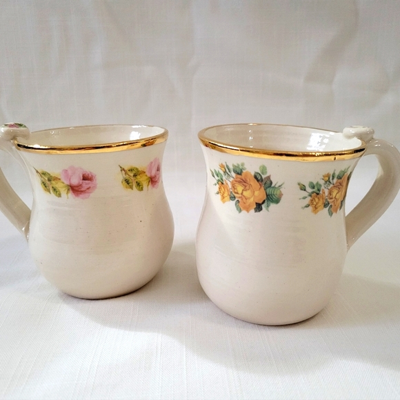 Vintage Handmade Pottery Mugs Gorgeous Rose & Gold Rim Mug set of 2 - Picture 2 of 16